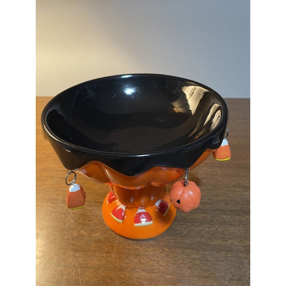 Ceramic Pedestal Halloween Pumpkin Candy Dish with hanging Pumpkins & Candy Corn